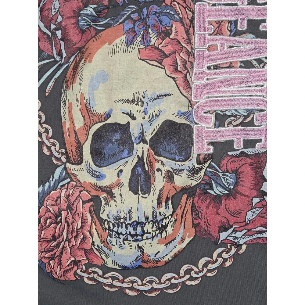 Unisex Rebel Vengeance Skull Floral Graphic T-Shirt M Charcoal Grey Embroidered